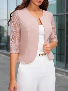 SHEIN Clasi 女士优雅圆领七分袖粉色蕾丝拼接夹克秋季女装 - 粉色 - 查看 6
