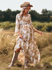 SHEIN Umstandskleid mit Rüschenärmeln, Knopfleiste vorne, mehrlagiges fließendes Kleid, weite Passform mit Blume Muster - Khaki - Übersicht 4