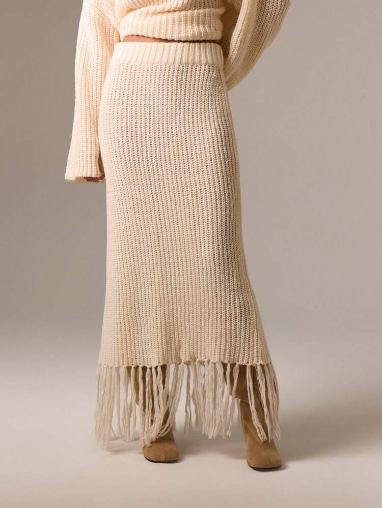 Chunky Knit Maxi Skirt With Fringe Hem