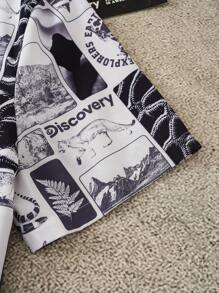 Discovery X SHEIN 男式全印花纽扣前休闲短袖衬衫 - 棕色 - 查看 5