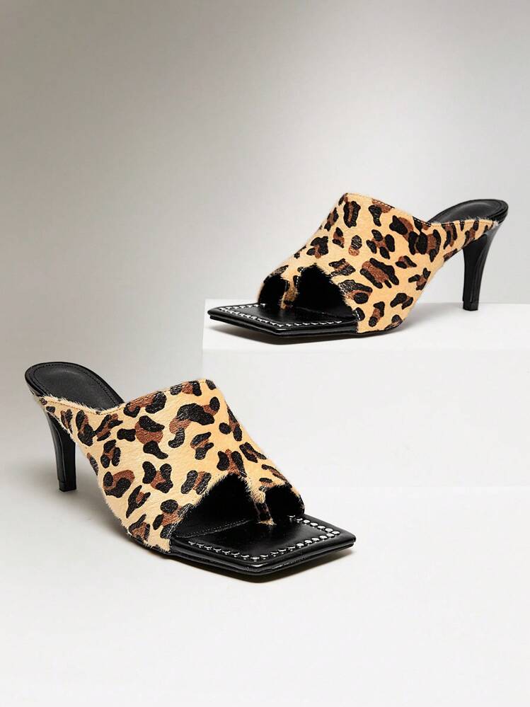 SHUZIA 女士高跟性感西部风日常聚会休闲舒适小马毛豹纹凉鞋穆勒鞋 - 彩色 - 查看 3