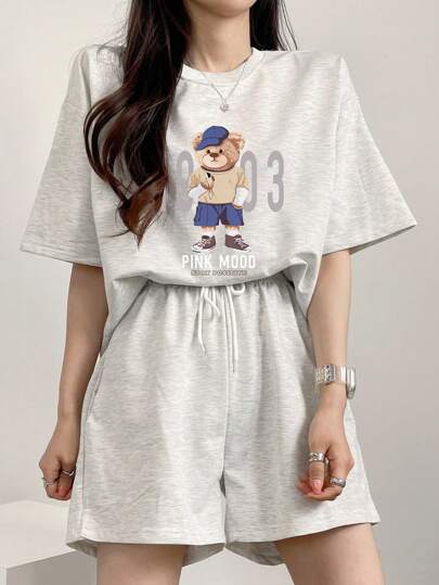 DAZY 女士卡通印花圆领宽松T恤和短裤两件套运动服套装，春夏休闲家居服套装，女士短裤套装