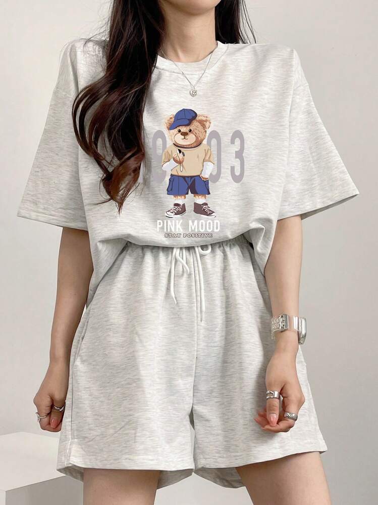 DAZY Women's Cartoon Print Round Neck Loose T-Shirt And Shorts 2 Pieces Sportswear Set, Casual For Spring/Summer Lounge Sets For Women - Grey - View 5