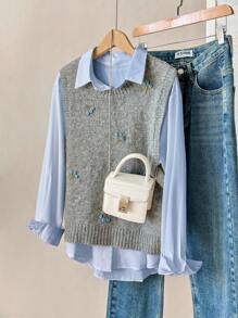 Solavon Women's Solid Color Embroidered Crew Neck Sweater Vest In Fall/Winter - Grey - View 4