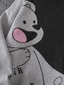 SHEIN 男童学院风卡通熊图案圆领长袖毛衣，适合秋冬季 - 灰色 - 查看 4