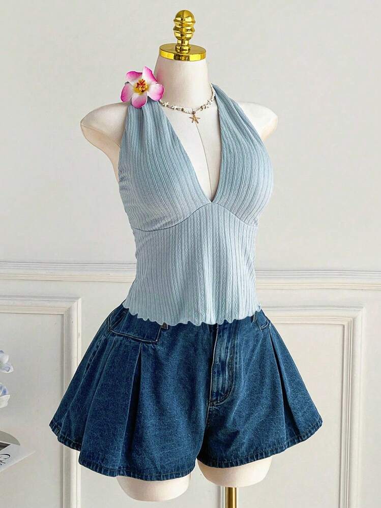 Comfortcana 大码夏日假日风 V 领细肩带针织背心 - 橄欖綠 - 查看 6