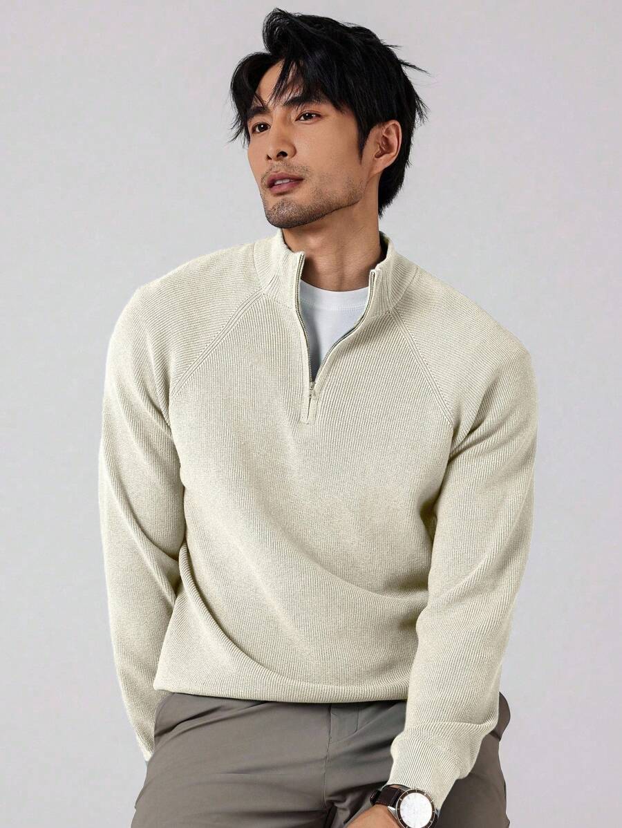 Manfinity Homme Casual Fashion Versatile Solid Color Loose Fit Long Sleeve Men Sweater Quarter Zip Sweater Men Mock Neck , Fall Winter - Apricot - View 1
