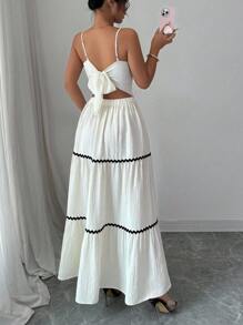 SHEIN PETITE 女式 2025 拼色露背系带纹理连衣裙