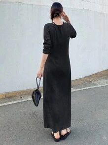 FRIFUL Women's Casual Commuter Solid Color Dress Long Sleeve Dress Ribbed Dress Knit Dress Women Dress Jumper Dress