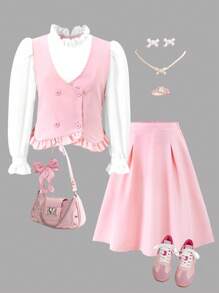 SHEIN Sparklyn 2pcs Girls' Pink Sweet School Style 2 In 1 Long Sleeve Shirt, Vest And Skirt Set, Suitable For School, Casual Outings, And Party Occasions Fall Winter - Multicolor - View 5