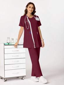 TaskEZ Lace Patchwork Casual Loose Multi-Pocket Top & High Waist Straight Leg Pants Scrub Uniform Set - Burgundy - View 6