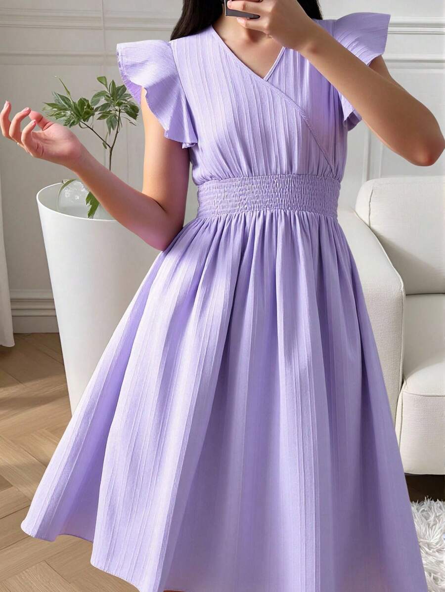 SHEIN Teenage Girl Waisted Slim Fit Elegant Flowy Long Dress Summer Holiday - Purple - View 1