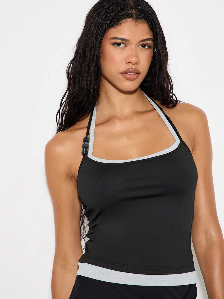 KIZN Beaded Halter Neck Tank Top With Contrast Trim