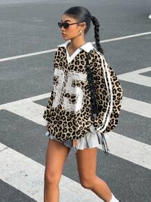 Muchica 休闲运动风格豹纹数字撞色图案女式宽松 Polo 领长袖 T 恤，适合秋冬季、运动季、返校季、学院风 - 彩色 - 查看 7