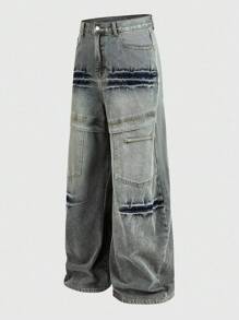 ROMWE MEN Street Life Jeans rectos casuales desgastados para hombre - Azul - Ver 3
