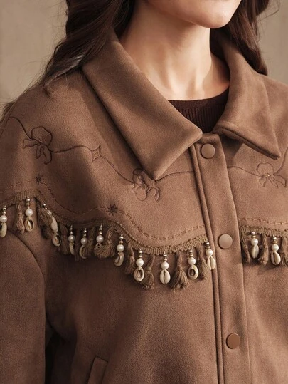 Anewsta Chaqueta/abrigo elegante y romántico de mujer con diseño de encaje, parches y bordados de conchas, adecuado para otoño, invierno, salidas, eventos formales, fiestas, estilo chic, Año Nuevo