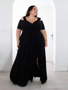 Pretty and Ole Plus Cold Shoulder Split Thigh Dress Long Evening Dresses - Black - View 5