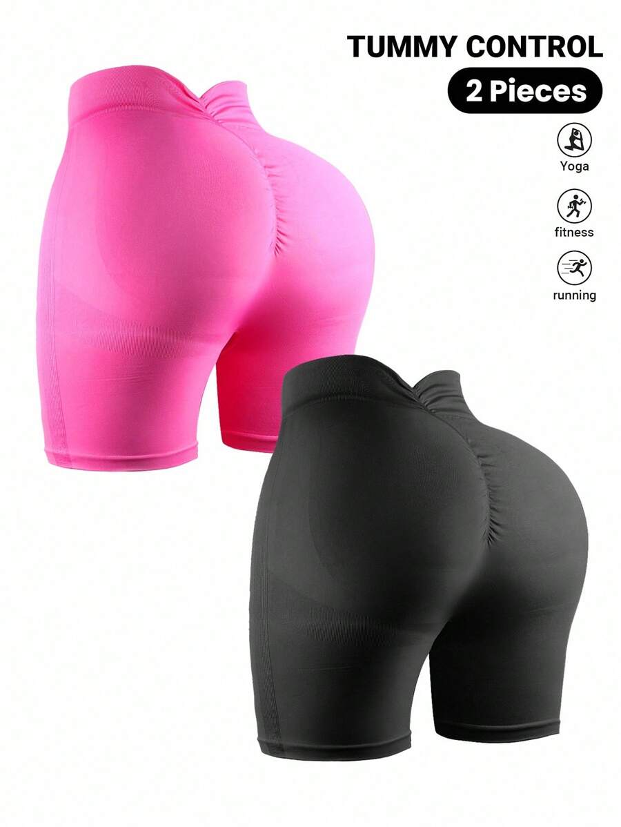 SHEIN Sports 2件套加大码纯色高腰无缝运动短裤 - 彩色 - 查看 1