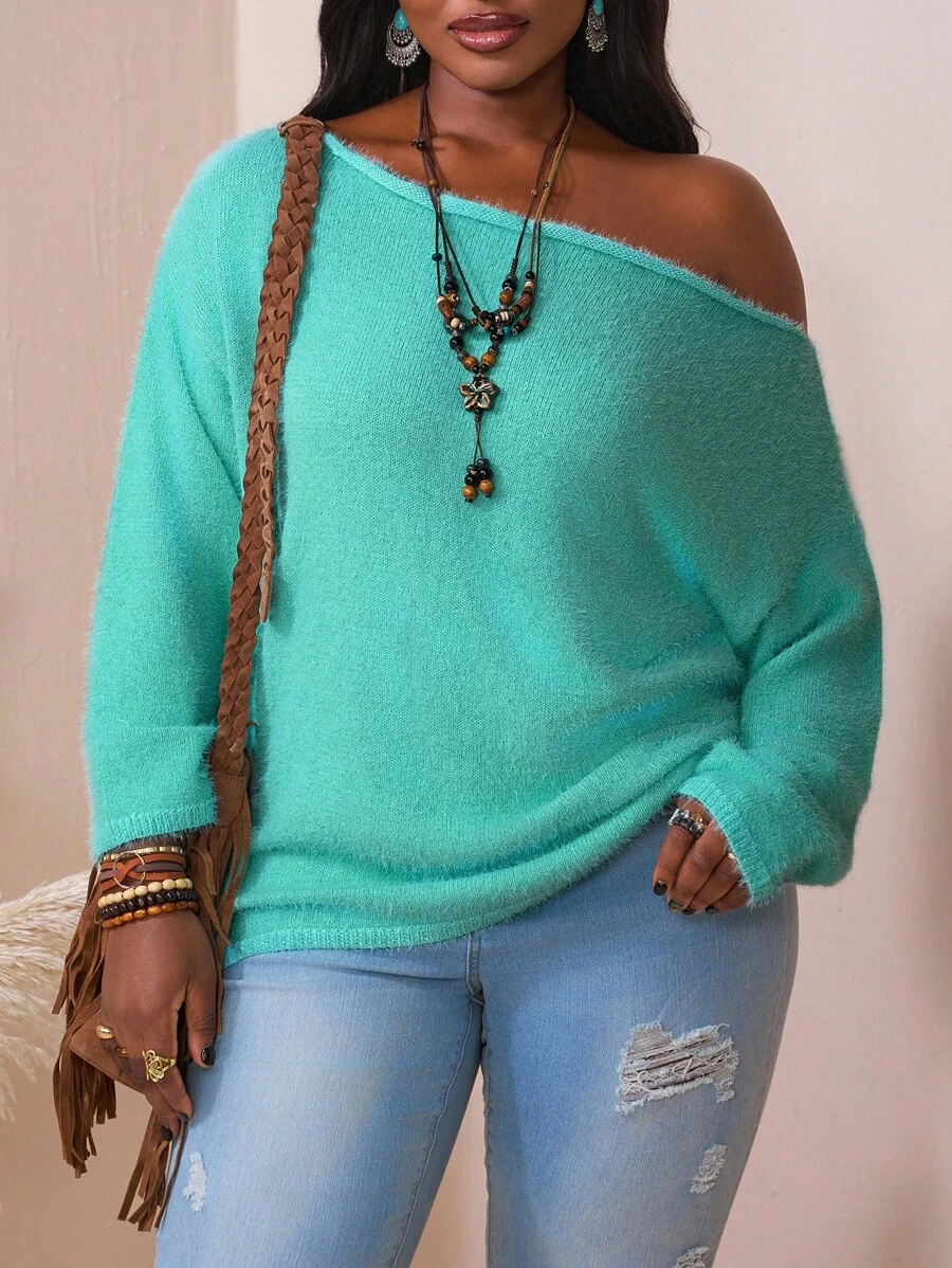 SHEIN CURVE+ 大码纯色斜肩针织休闲宽松大码套头衫女秋装，冬季，CURVE PLUS/秋冬 - 綠色 - 查看 1