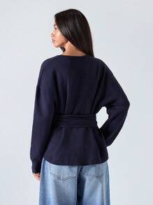 LYSMO 2025秋冬新款/女士纯色圆领落肩长袖腰带休闲毛衣/秋季女装/秋季女装/秋季上衣/冬季女装/返校季/返校季/返校季女装/校园上衣/返校节/万圣节/万圣节/万圣节女装/万圣节服装/万圣节服装/圣诞节/教师/外出女装/约会女装/外出上衣/商务休闲女装/哥特女装/基础款上衣/韩版/波西米亚风/Y2K/藏蓝色，女士毛衣 - 黑色 - 查看 2