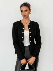 SHEIN Tall Lady Suede Black Button Detail Open Front Jacket Professional Clothes Women In Fall/Winter - Black - View 5