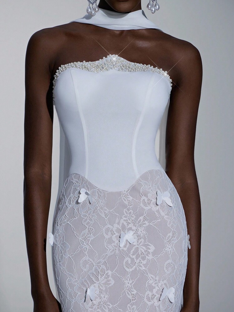 SHEIN Belle Elegant Luxurious Lace Splice Elastic Knit Mermaid Skirt With Trailing Halter Neck, Suitable For Weddings, Parties, Vacations, Balls, Honeymoons, Bridal Gowns - Beige - View 2