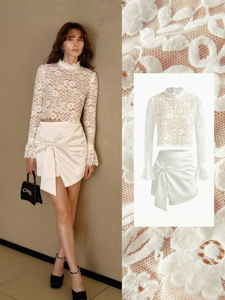 MOTF PREMIUM LACE SHEER TOP & BOW DETAIL SHORTS OUTFIT