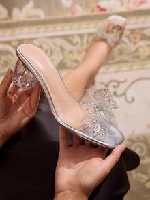 CUCCOO TILAWA 女士时尚水晶高跟玻璃水钻高跟凉鞋，适合外出、宴会和其他活动 - 銀色 - 查看 1