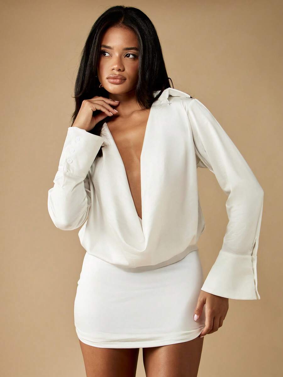MISSGUIDED Cowl Neck Mini Dress With Long Bell SleevesMISSGUIDED
