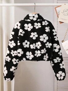 SHEIN Tween Girl Floral Printed Zipper Jacket With Long Sleeves