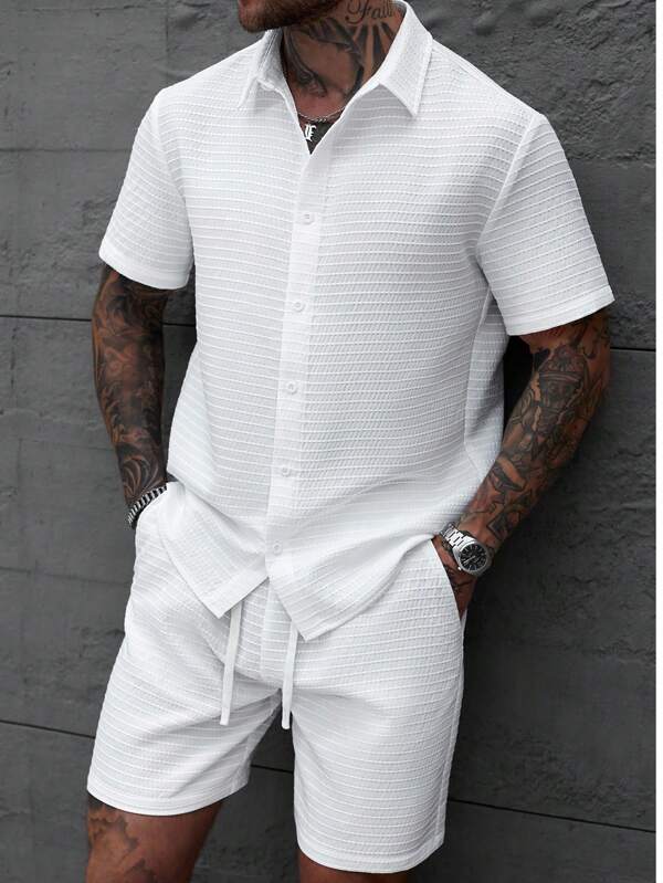 Manfinity CasualCool Textured White Casual Turndown Collar Short Sleeve Shirt
