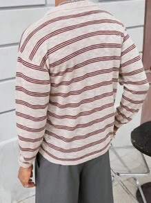 Manfinity Casual Fashionable Versatile Striped Long Sleeve Men's Polo Shirt - Khaki - View 2