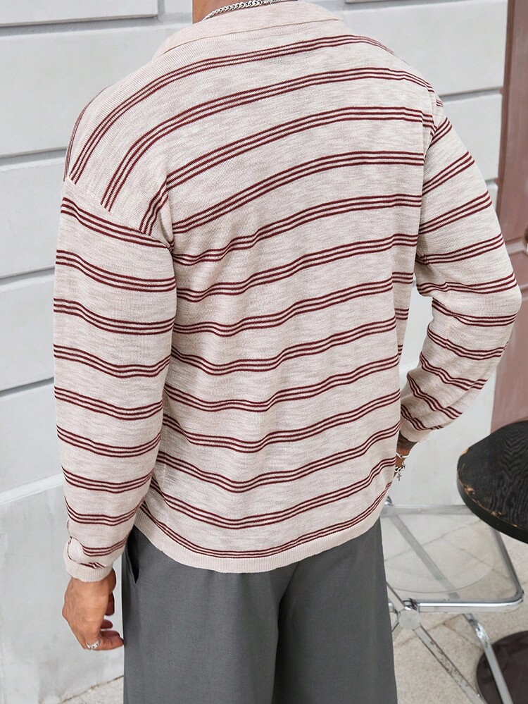 Manfinity 休闲时尚百搭条纹长袖男士 Polo 衫 - 卡其色 - 查看 2