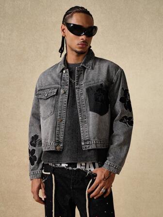 Street Life Herren Farbblock Taschen Knopf Stickerei Lässige Jeans Jacke, Langarm