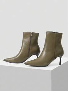 Mnmlis Sepatu Bot Ankle Hak Tinggi Ujung Lancip Elegan untuk Wanita, Cocok untuk Perjalanan Sehari-hari, Natal, dan Hari Valentine - Olive Green - View 2