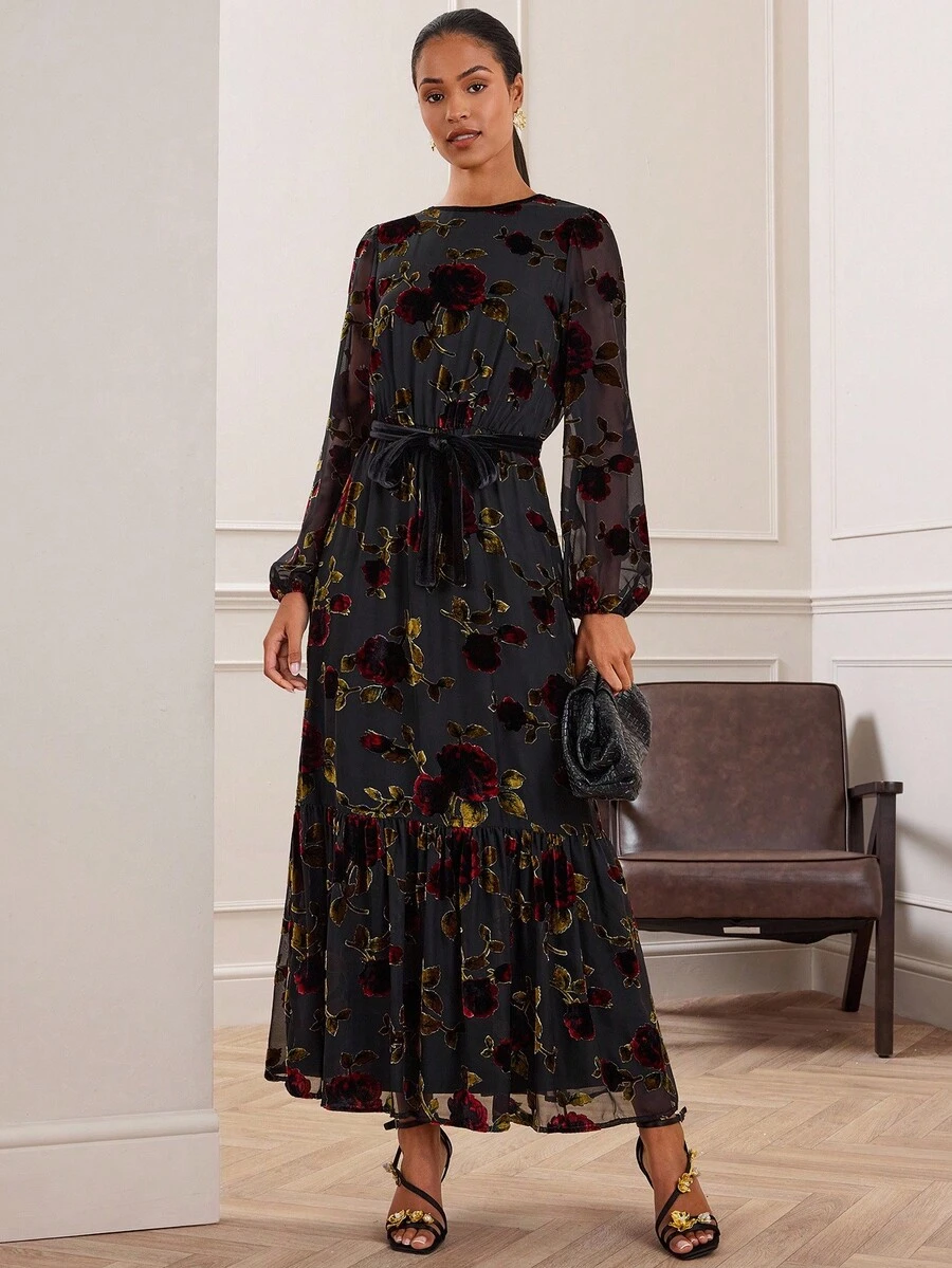 Lilora 女式休闲优雅天鹅绒连衣裙长款碎花连衣裙女式长袖长裙秋季女装天鹅绒碎花连衣裙黑色碎花长裙女式秋季服装优雅端庄 - 彩色 - 查看 1