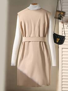 Chaqueta sin mangas de unicolor informal con cinturón para adolescentes