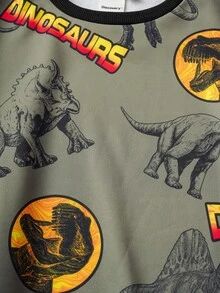 Discovery X SHEIN Tween Boy Cartoon Dinosaur Contrast Rib Knit Loose Crew Neck Sweatshirt - Army Green - View 3