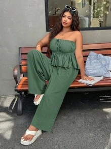 SHEIN EZwear 大码夏季纯色百褶抹胸和裤子两件套 - 軍綠色 - 查看 5
