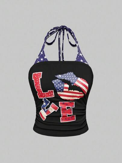 ROMWE Avant Top sin tirantes con volantes y estampado de conchas marinas, bandera estadounidense y lápiz labial, estilo callejero estadounidense vintage