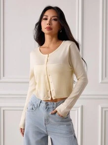 SHEIN PETITE 休閒百搭純色短版開襟衫，秋冬款，適合嬌小女性 - 黃色 - 查看 8