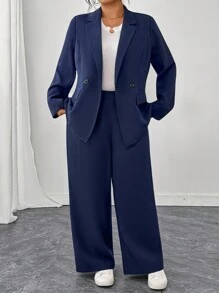 Elenzga 大码女式两件套：双排扣简约西装外套和宽松西装裤，时尚通勤别致职业休闲优雅商务装 - 藏蓝色 - 查看 1
