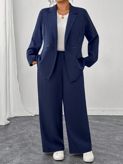 Elenzga Plusstorlek 2-delat set för kvinnor: Dubbelknäppt minimalistisk kavajjacka och löst sittande kostymbyxor, trendigt pendlings-chic, professionellt, avslappnat, elegant affärskläder