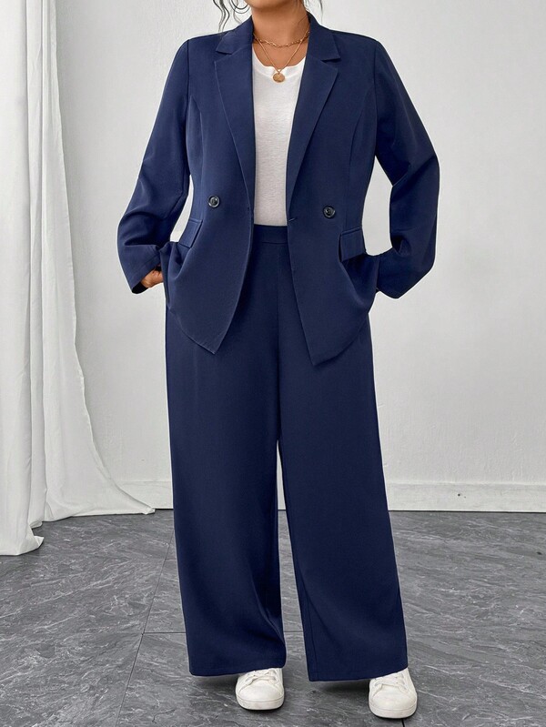 Elenzga Conjunto de 2 piezas para mujer talla grande: Chaqueta blazer minimalista de doble botonadura y pantalones de traje de corte holgado, elegante y profesional para uso casual y de oficina