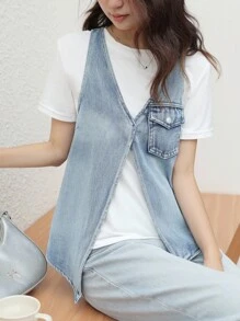 SHEIN EZwear Women's Nostalgic Washed Blue Vacation Denim Top, V-Neck Pocket Summer Sleeveless Denim Vest Top