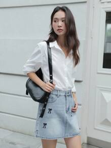 K-Vae Women's Bow Pattern Pocket Hot Diamond Casual Denim Skirt,Fall Women Clothes,School Clothes - Light Wash - View 3