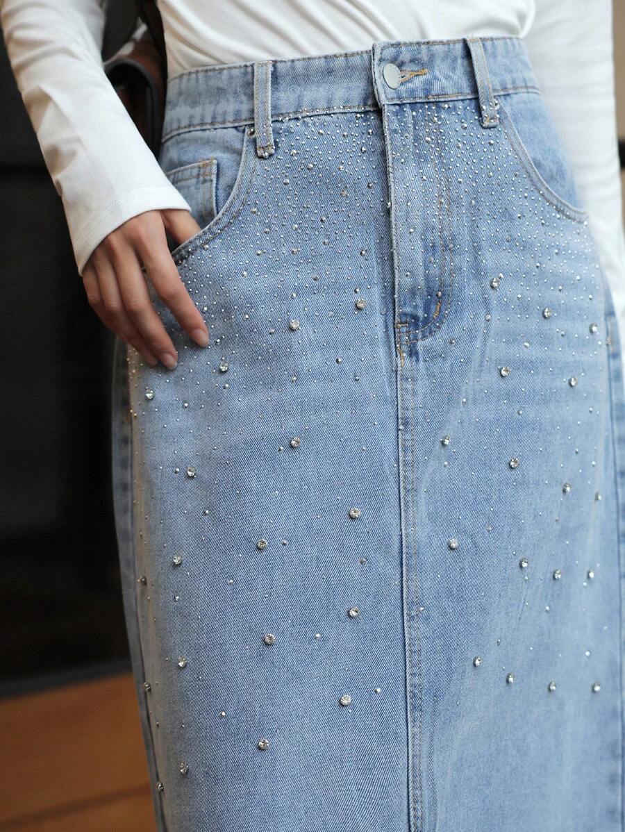 K-Vae Women's Fall Casual Light-Colored Vintage Denim Blue Denim Skirt With Diamonds,Korean Style Fall Women Clothes,Teacher Outfits For Women,School Clothes,Old Money Style