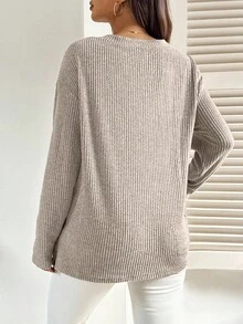 SHEIN 休闲宽松纯色舒适百搭长袖哺乳上衣 - 卡其色 - 查看 2