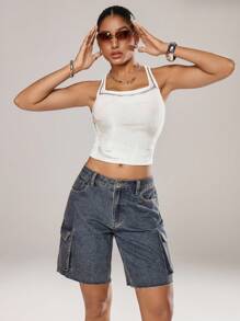 SHEIN ICON Shorts vaqueros de pierna ancha lavados informales para mujer - Azul lavado oscuro - Ver 4