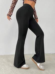 SHEIN PETITE Simple Solid Color Wrap High Waist Flared Pants - Black - View 6